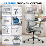 hujusko Mesh Ergonomic Office Chair with Footrest,High Back Mesh Gaming Chair with Lumbar Support,Adjustable Headrest and Armrests for Home Office Desk Chair (Modern, Grey) hujusko