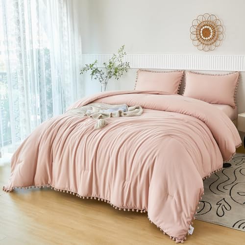PERFEMET Blush Twin Bed in A Bag for Girls 5 Pcs Boho Pom Pom Bed Comforter Set with Sheets Soft Lightweight Pink Plain Bedding for Kids Teens(Blush, Twin) PERFEMET