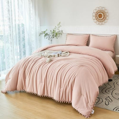 PERFEMET Blush Twin Bed in A Bag for Girls 5 Pcs Boho Pom Pom Bed Comforter Set with Sheets Soft Lightweight Pink Plain Bedding for Kids Teens(Blush, Twin)