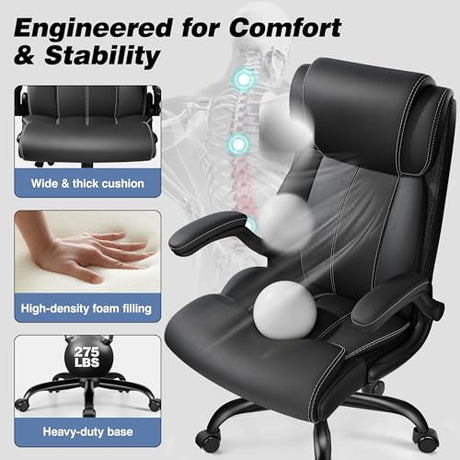 BESTFAIR Ergonomic Office Chair - Desk Computer Chair, Leather High Back Executive Chairs with Adjustable Lumbar Support & Flip Up Arms, Rocking, Black BESTFAIR
