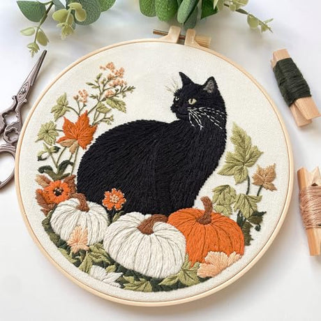 Myfelicity Embroidery kit,Fall Black Cat Embroidery Kit, Set of 3 Hoops, Autumn Pumpkin and Floral Design Myfelicity
