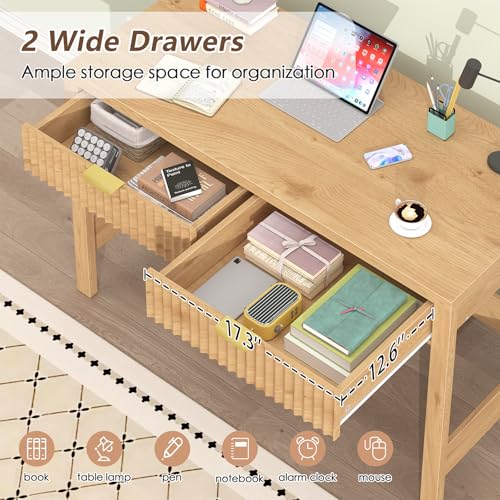 YOMILUVE Fluted Computer Desk with 2 Drawers, 39 Inch Small Computer Desk with Storage, Compact Writing Study Desk for Small Spaces YOMILUVE