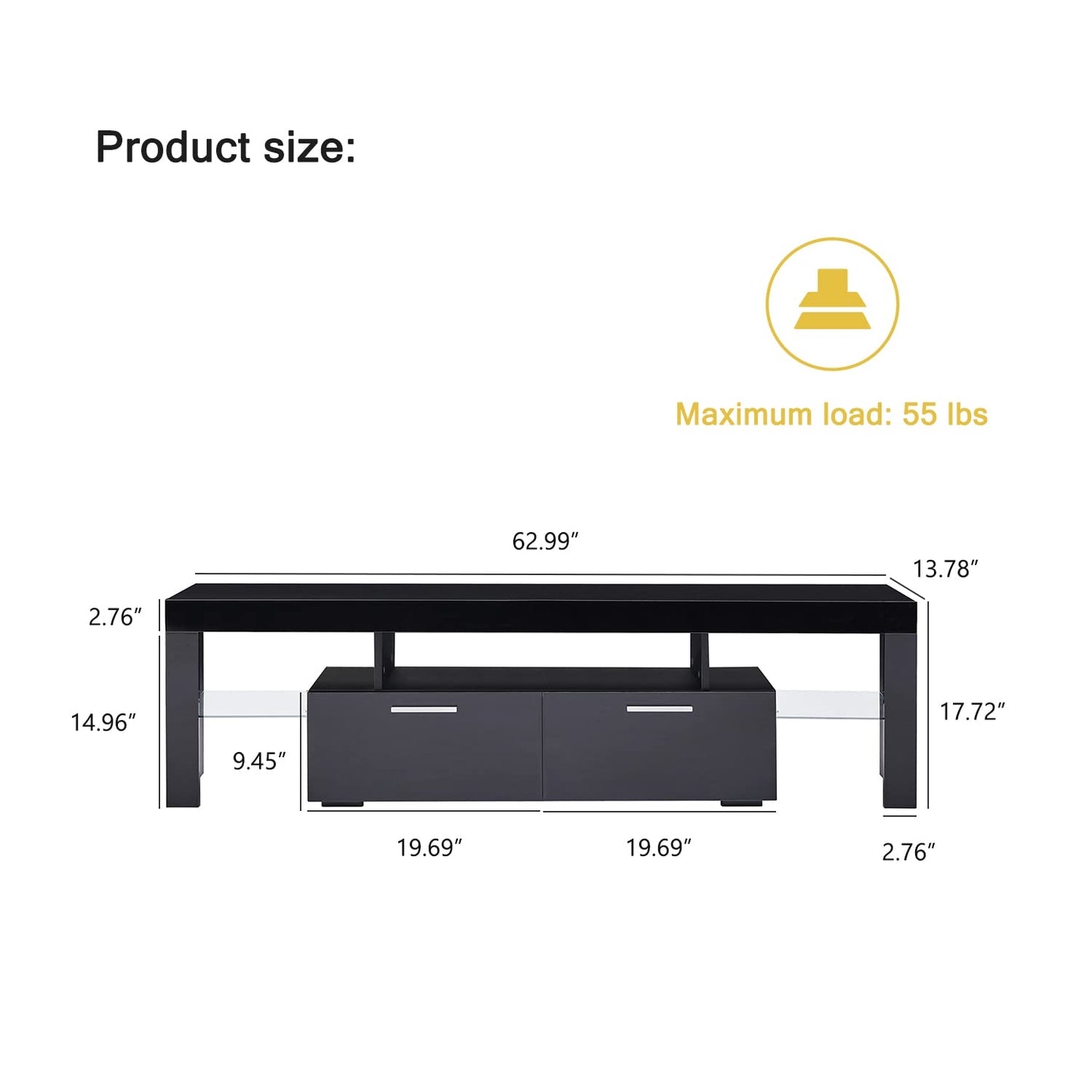 Nrizc Black LED TV Stand for 75 Inch TV, High Gloss TV Entertainment Center with Storage Drawer, TV Console Table for Living Room, Bedroom