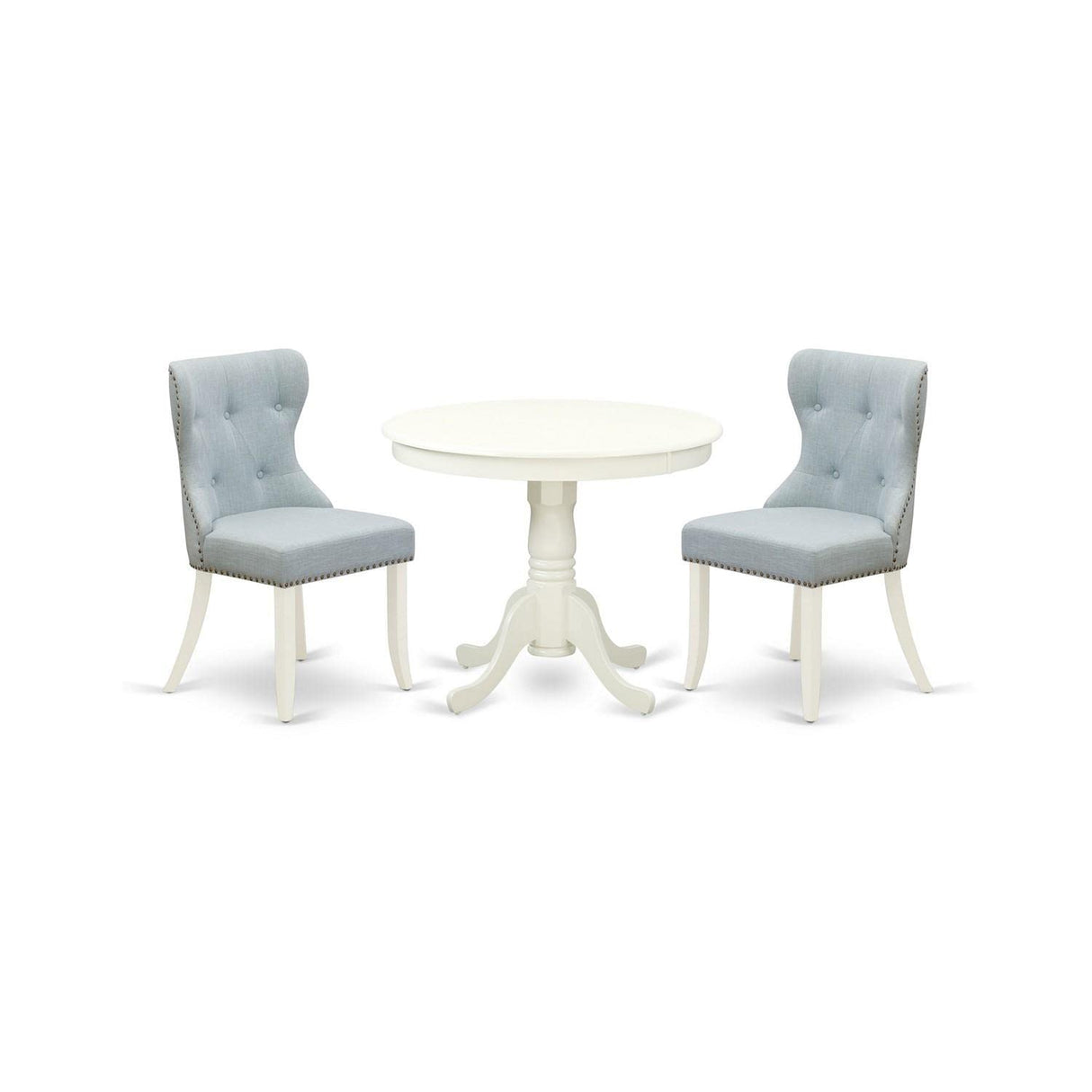 East West Furniture ANSI3-LWH-15 3 Piece Kitchen Table & Chairs Set Contains a Round Dining Room Table with Pedestal and 2 Baby Blue Linen Fabric Parsons Chairs, 36x36 Inch, Linen White East West Furniture