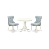 East West Furniture ANSI3-LWH-15 3 Piece Kitchen Table & Chairs Set Contains a Round Dining Room Table with Pedestal and 2 Baby Blue Linen Fabric Parsons Chairs, 36x36 Inch, Linen White East West Furniture