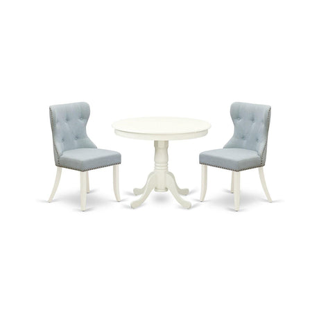 East West Furniture ANSI3-LWH-15 3 Piece Kitchen Table & Chairs Set Contains a Round Dining Room Table with Pedestal and 2 Baby Blue Linen Fabric Parsons Chairs, 36x36 Inch, Linen White East West Furniture