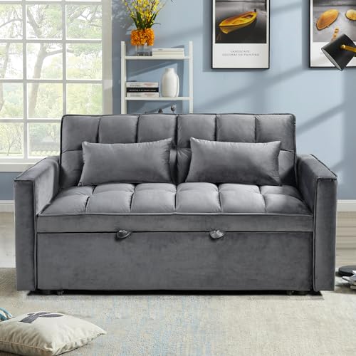 3 in 1 Convertible Sleeper Sofa Bed,Modern Velvet Loveseat Futon Couch Pullout Couches Bed,Small Love Seat Lounge Sofa w/Reclining Backrest, Toss Pillows, Furniture for Living Room (Dark Gray) YHUBHSIS