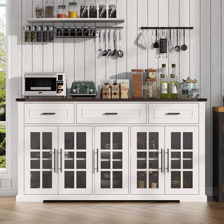 Gyfimoie 63" Sideboard Buffet Cabinet with Glass Doors, Farmhouse Large Buffet Table with 3 Storage Drawers, Modern Coffee Bar Wine Bar Cabinet with Adjustable Shelves for Kitchen, Dining Room, White Gyfimoie