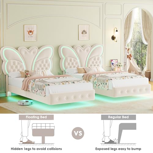Keyluv Twin Bed Frame Butterfly-Pattern Upholstered Headboard, Modern Floating Bed with LED Lights Button Tufted on Headboard and Footboard, Slats Support No Box Spring Needed, Noise-Free, Beige Keyluv