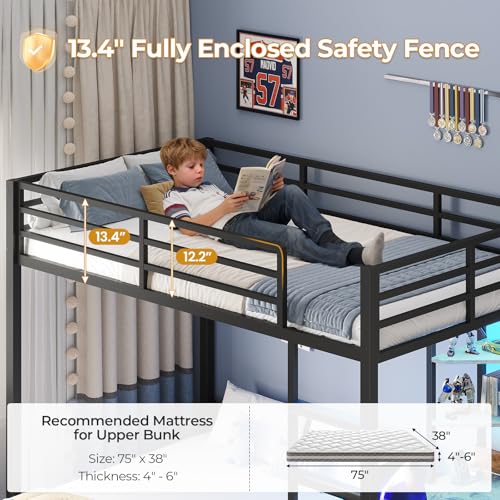 ADORNEVE Twin Over Full Bunk Bed with Desk, Bunk Beds Twin Over Full Size with Charging Station & Led Lights, Storage Drawers & Shelves, Loft Bed with Safety Guardrail & Ladder for Kids/Teens, Black ADORNEVE