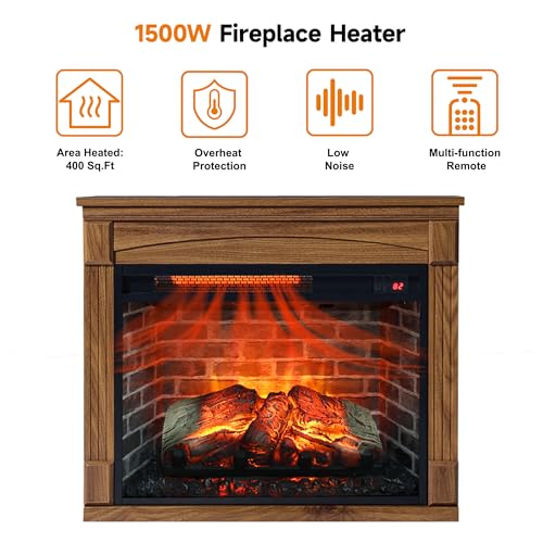 Innoflame 28" Electric Fireplace with Mantel, Freestanding Fireplaces with Realistic Flame & Logs, Remote Control, Timer, Adjustable 4 Flame Brightness, Indoor Fireplace for Living Room & Bedroom Innoflame