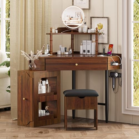 XD Designs Corner Vanity Desk Set with Storage Cushioned Stool, Triangle Makeup Desk with Removable Pull-Out Side Cabinet, Visible Glass Tabletop, Drawer and Charging Station (Walnut-9.8) XD Designs