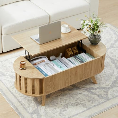 Janmer Home 47.3" Lift Top Coffee Table with Hidden Storage, Small End Table with Curved Edge Design, Oval Center Table with Lift Tabletop for Living Room, Office (Natural) - WoodArtSupply