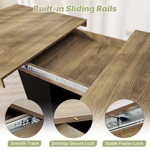 Zevemomo 63"-78.7" Expandable Dining Table, 6-10 Rectangle Table, Extendable Console Table, Wooden Farmhouse Kitchen Table with Metal Track & Dual Column Base for Living, Office-Brown Zevemomo