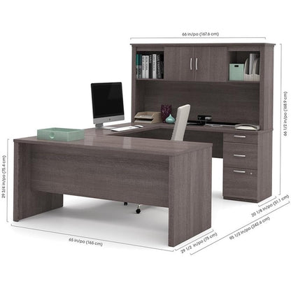 Atlin Designs Modern Wood U Shape Computer Desk with Hutch in Bark Gray