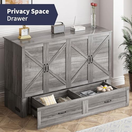 ZAFLY Murphy Bed Queen, Cabinet Bed with Tri-Folding Mattress, Hidden Guest Wall Beds with USB Charging Station & Storage Drawers, Modern Multifunctional Cabinet Murphy Beds, Saving Spaces - Grey ZAFLY