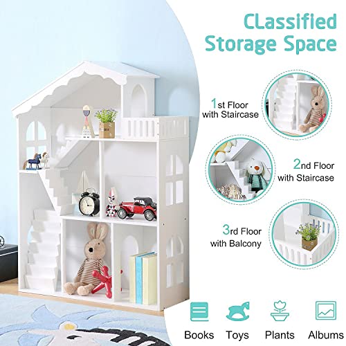 White Wooden Dollhouse Bookcase – Multi-Functional Toy and Book Storage Organizer for Kids WODENY