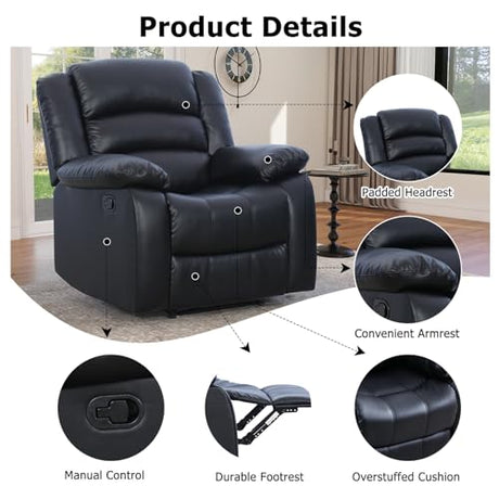 EBELLO Classic Manual Recliner Chair, Faux Leather Recliner Sofa with Overstuffed Arms and Back Single Reclining Couch for Living Room, Bedroom, Black EBELLO