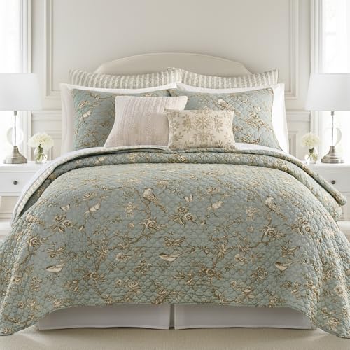 Levtex Home - Lyon Teal Quilt Set - Twin/Twin XL Quilt + One Standard Pillow Sham - Bird Toile - Teal, Brown, Cream - Quilt Size (68x86in.), Sham Size (26x20in.) - Reversible - Cotton Fabric Levtex Home