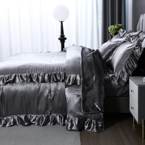 Herside Satin Comforter Set with Sheet Set Queen Size,8 Pieces Grey Ruffle Comforter Silk Like Satin Bedding Set,Soft Smooth Luxury Silky Quilt Set with 1 Cushion Cover All Season Herside