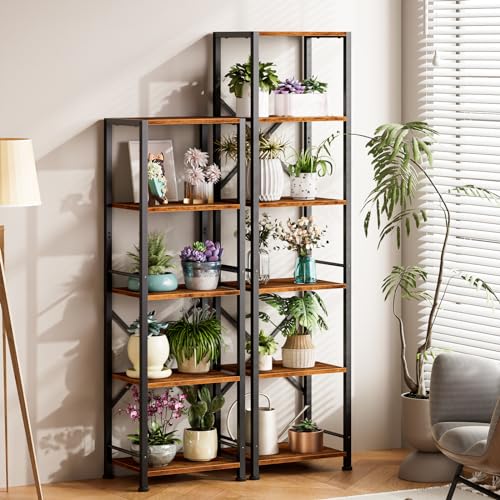 Furologee 6-Tier Rustic Brown Industrial Bookshelf - Narrow Metal and Wood Storage Unit for Home and Office - WoodArtSupply