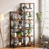 Furologee 6-Tier Rustic Brown Industrial Bookshelf - Narrow Metal and Wood Storage Unit for Home and Office Furologee