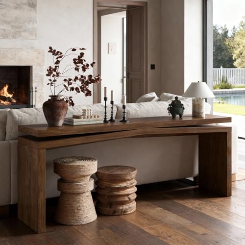 HZSSDTKJ 65-Inch Rustic Solid Wood Veneer Long Console Table, Farmhouse Entryway Sofa Side Table for Living Room, Hallway, Behind Couch and Apartment, Easy Assembly (Antique Rustic Brown-04) HZSSDTKJ