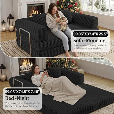 BSHOMGI 4 in 1 Futon Sofa Bed Queen Size - Foldable Convertible Sleeper Couch,Teddy Foam-Filled Compressed Couch Removable Corduroy Cover, Space Saving Sofas for Bedroom & Dorm (Black, 59” 2 Seat) BSHOMGI