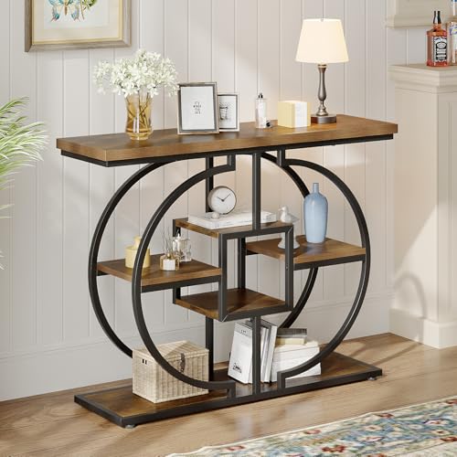 GiftGo Narrow Console Table for Entryway Industrial 4-Tier Sofa Table Behind Couch with Circle Base Rustic Wooden Accent Tables with Storage Shelves for Living Room, Hallway, Foyer (Brown) GiftGo