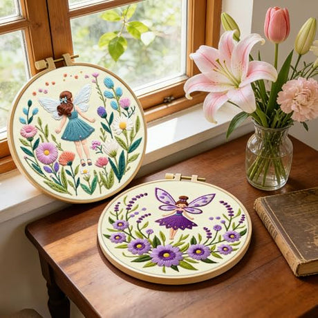 ERKOON Embroidery Kit for Beginners, 2 Set Flower Cross Stitch Set Include Embroidery Cloth Hoops Threads for Craft Lover Hand Stitch with Embroidery Skill Techniques (Angel) ERKOON