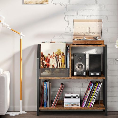 CHOEZON Large Record Player Stand, Vinyl Record Holder, Vinyl Display Rack, Rustic Turntable Display Stand, for Books, Rustic Brown and Black TCW08BF CHOEZON
