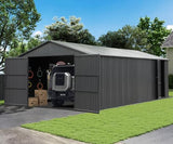 Domi 12x15FT Outdoor Metal Garage Shed, Extra Large Carport with Skylights & Dual-Entry, Backyard Storage Shed for Car, Truck, Lawn Mower and Tool, Dark Grey domi outdoor living