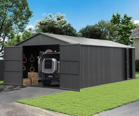 Domi 12x15FT Outdoor Metal Garage Shed, Extra Large Carport with Skylights & Dual-Entry, Backyard Storage Shed for Car, Truck, Lawn Mower and Tool, Dark Grey domi outdoor living