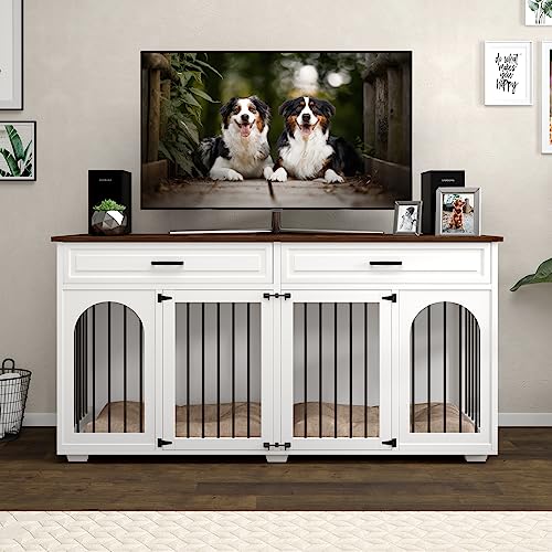 IKISSLIFEEL Large Dog Crate Furniture,74.8" Wooden Double Dog Crates Furniture Style for 2 Large Dogs,XXL Heavy Duty Dog Kennel Furniture Indoor with Divider and 2 Drawers,White - WoodArtSupply