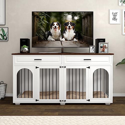 IKISSLIFEEL Large Dog Crate Furniture,74.8" Wooden Double Dog Crates Furniture Style for 2 Large Dogs,XXL Heavy Duty Dog Kennel Furniture Indoor with Divider and 2 Drawers,White - WoodArtSupply