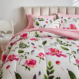 Shxime Floral Comforter Set 7 Pieces White with Green Leaves Pink Flowers Bed in a Bag King Size Reversible Bedding Set (1 Comforter 2 Pillow Shams 1 Flat Sheet 1 Fitted Sheet 2 Pillowcases) Shxime