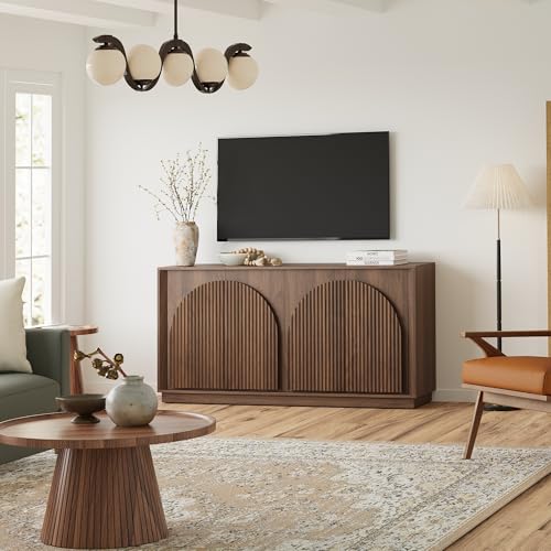 win2win Fluted Sideboard Buffet Cabinet with Storage, 65" Mid Century Modern Accent Cabinet with Double-Layered Arch Doors,Wood Media TV Console Table Credenza for Living Room Hallway Entryway,Walnut win2win