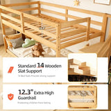 TOLEAD Low Bunk Bed Twin Over Twin, Floor Bunk Beds with Storage Staircase and Guardrails, Wooden Low Bunk Bed with Hanging Bar for Juniors, Boys, Girls, Kids, Natural Wood TOLEAD