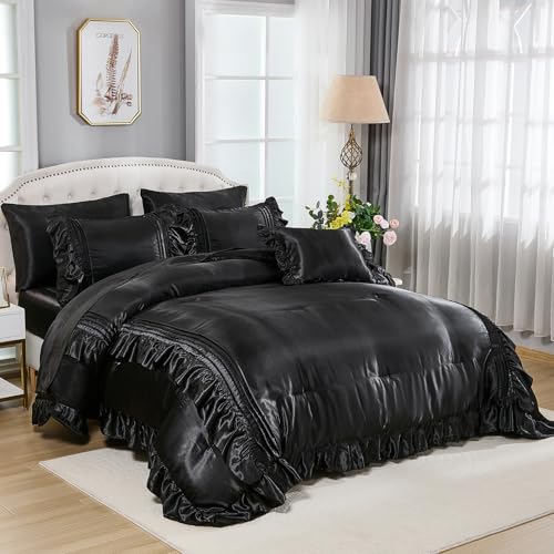 Black Satin Comforter Set 8 Pieces King Size Comforter with Sheets Silk Like Satin Bed Set Luxury Bedding Bed in a Bag 1 Comforter 4 Pillowcasas 1 Flat Sheet 1 Fitted Sheet 1 Cushion Cover Bedbay
