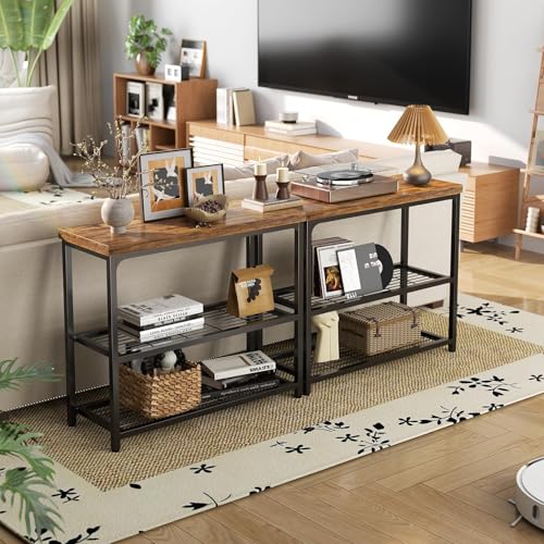 Besiost 32" Small Console Table with Storage, 3-Tier Industrial Narrow Entryway Table with Mesh Shelves, Sofa Table Behind Couch for Hallway Foyer Living Room, Sturdy Metal Frame, Rustic Brown Besiost