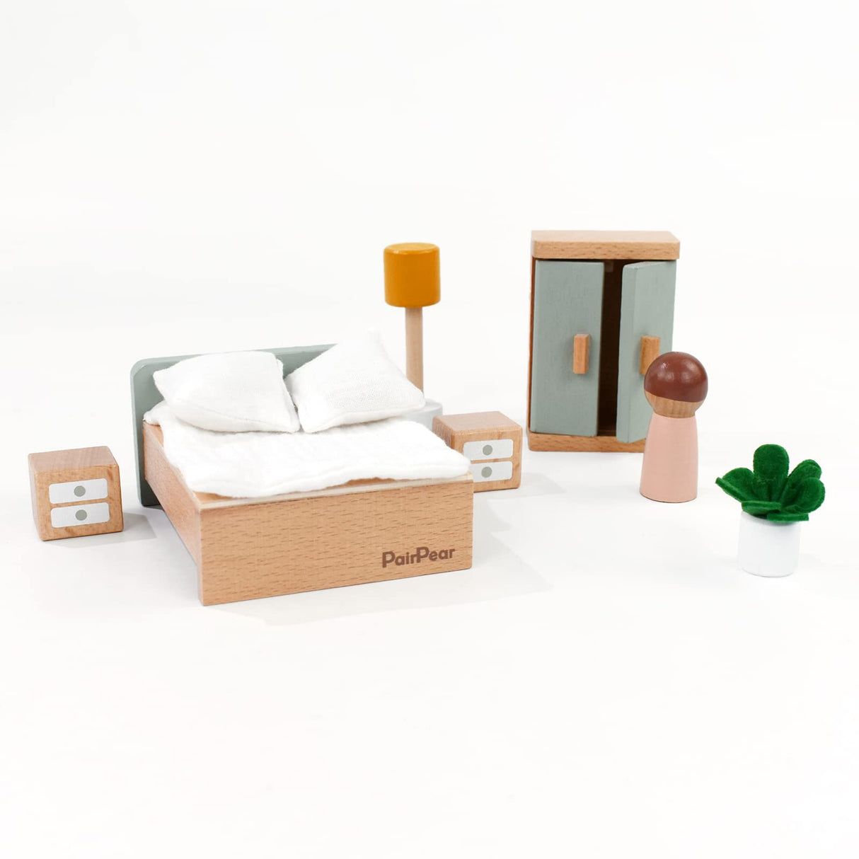 PairPear Wooden Toys Dollhouse Furniture Playset,35 Piece Furnitures with Family Dolls,Doll House Accessories Pretend Play Gift for Girls and Boys 3 Year and Up PairPear