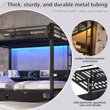 Full over Full Bunk Bed with Storage Drawers and Shelves, Metal Bunk Beds with Lights and USB Ports, Convertible Lower Bunkbed Full for Guest Room, Bedroom, Dorms, Multi-function and Noise-free, Black Bellemave