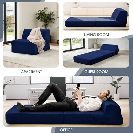 Kasunpul Folding Sofa Bed with Pillow, Memory Foam Fold Out Chair Bed, Convertible Sleeper Chair with Washable Cover, Futon Floor Couch for Living Room/Dorm/Guest Use/Home Office/Apartment, Navy Blue Kasunpul