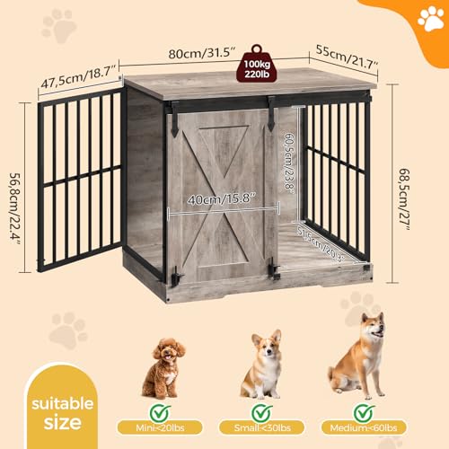 MAHNACRIS 31.5" Farmhouse Dog Crate Furniture with Barn Door, Heavy Duty Dog Kennel for Small Medium Dogs, Wooden Dog Cage End Table, Decorative Pet House, Chew Resistant, Greige DCHG8001 MAHANCRIS