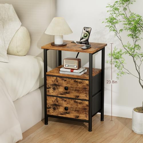 LOAKEKEL Nightstand with Charging Station, End Table with 2 Fabric Drawers, Night Stand for Bedroom, Small Bed Side Table with USB Ports and Outlets for Living Room, Brown, HETS020BR-1 LOAKEKEL