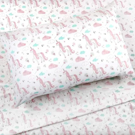 Kids Rule 4-Piece Sketch Unicorn Sheet Set for Girls & Kids - 1 Full Flat Sheet, 1 Full Fitted Sheet & 2 Queen Pillowcases, Soft Brushed Microfiber Polyester Bed Sheet, Smooth & Durable Kids Rule