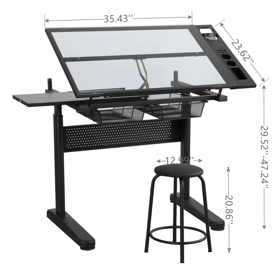 Upgraded Drafting Table with Stool, Painting Table Hand Crank Adjustable Drawing Desk with Drawers, Tiltable Glass Tabletop Diamond Painting Table, Multifunctional Drawing Tables for Artists & Reader KUTOLAKI