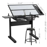 Upgraded Drafting Table with Stool, Painting Table Hand Crank Adjustable Drawing Desk with Drawers, Tiltable Glass Tabletop Diamond Painting Table, Multifunctional Drawing Tables for Artists & Reader KUTOLAKI