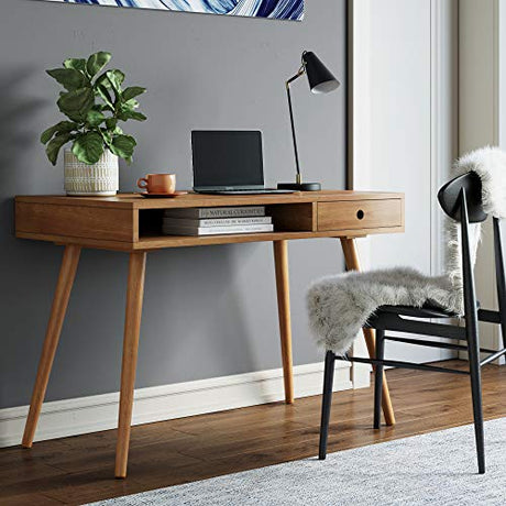 Nathan James Parker Modern Home Office Writing, Computer or Laptop Desk with Open Storage Cubby and Small Drawer, Walnut Nathan James