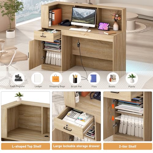 55" Reception Desk with LED Lights Power Outlets,L-Shaped Modern Front Table Reception Room Table with Cable Grommet,Lockable Drawers,Retail Checkout Counter for Lobby,Salon,Home Office Desk,Oak Hlivelood